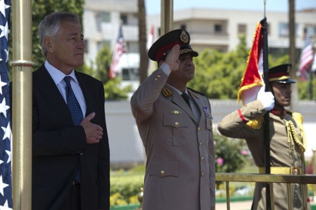 U.S. Defence Secretary Chuck Hagel participates in an arrival honours ceremony with then Egyptian defence minister Abdel Fattah al-Sisi in Cairo, Egypt, Apr. 24, 2013. Credit: public domain