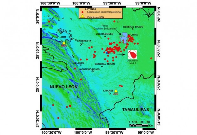 Map of seismic activity from October 2013 to March 2014 in the state of Nuevo León in northeast Mexico. Credit: Universidad Autónoma de Nuevo León