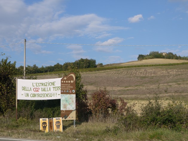 Part of the area planned for extraction of CO2 in Val dÃ¢Â€Â™Elsa, Tuscany, Italy with a protest sign reading: EXTRACTION OF CO2 FROM THE GROUND Ã¢Â€Â“ A NONSENSE!!! Credit: Silvia Giannelli/IPS