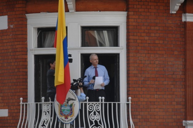 Julian Assange in one of his rare public appearances in the Ecuadorean embassy in London, where he has been in hiding since June 2012. Credit: Creative Commons
