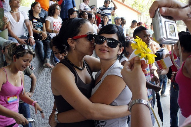 Two women hugging at a Day Against Homophobia in Havana organised by the lesbian, gay, bisexual and transsexual (LGBT) community. Credit: Jorge Luis BaÃƒÂ±os/IPS