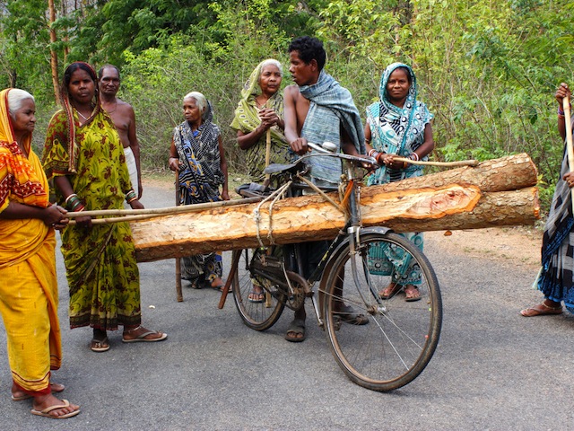 Women vigilantes apprehend a timber thief. Village councils strictly monitor the felling of trees in Odisha’s forests, and permission to remove timber is only granted to families with urgent needs for housing material or funeral pyres. Credit: Manipadma Jena/IPS