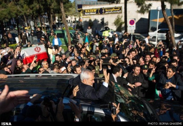 Iran's lead negotiator and foreign minister, Javad Zarif, was greeted by a cheering crowd back home in Tehran after a framework for a final nuclear deal was reached Apr. 2 in Lausanne, Geneva. Credit: ISNA/Borna Ghasemi