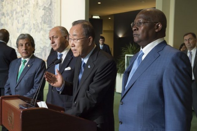 The Secretary-General (second from right), accompanied by Manuel Pulgar-Vidal (left), Minister of the Environment of Peru, Laurent Fabius (second from left), Minister for Foreign Affairs of France and Sam Kutesa (right), President of the sixty-ninth session of the General Assembly, at a press encounter on the General AssemblyÃ¢Â€Â™s high-level meeting on climate change. Credit: UN Photo