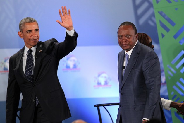 Presidents Barack Obama and Uhuru Kenyatta wave to delegates at the Opening Plenary at the Global Entrepreneurship Summit, in Nairobi, Kenya on July 25, 2015. Credit: U.S. Embassy Nairobi