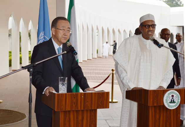 U.N. Secretary-General Ban Ki-moon (left) meets with Muhammadu Buhari, President of Nigeria. UN Photo/Evan Schneider