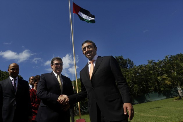 The United Arab Emirates foreign minister, Abdullah bin Zayed Al Nahyan, shakes hands with his opposite number in Cuba, Bruno RodrÃƒÂ­guez, after raising the UAE flag at the opening of the Emirati embassy in Havana on Oct. 5, 2015. Credit: Jorge Luis BaÃƒÂ±os/IPS