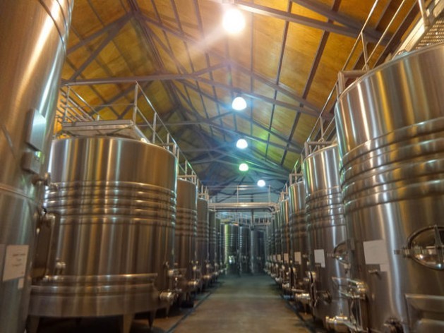 Storage tanks in a winery in the western Argentine province of Mendoza. The distinctive colour of the wine made from malbec grapes, the main kind produced by local winemakers, is starting to change due to the impact of climate change. Credit: Fabiana Frayssinet/IPS