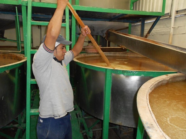 The corn is cooked with limewater to eliminate aflatoxins that cause liver and cervical cancer. Here a worker at the Grulin company is stirring the corn before it is washed, drained and ground, in San Luís Huexotla, Mexico. Credit: Emilio Godoy/IPS