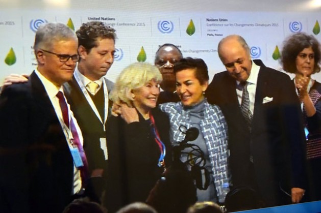 UNFCCC Executive Secretary Christiana Figures with the COP21 President Celebrate the Adoption of Paris Agreement. Credit: Stella Paul/IPS