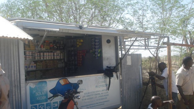 The Solar Kiosk with goods inside. A part from perishable foodstuffs/soft drinks  they include solar energy accessories and phone chargers. Credit: Justus Wanzala/IPS