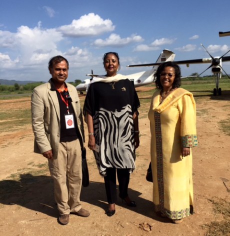 Amb Amina Mohamed, Kenya's Cabinet Secretary for Foreign Affairs and Trade flanked by Siddharth Chatterjee, the UNFPA Representative to Kenya and Ms Nardos Bekele-Thomas, the United Nations Resident Coordinator to Kenya in Moyale, Northern Kenya on 07 December 2015. Credit: @UNFPAKen