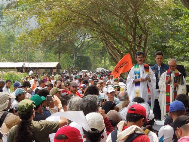 Catholic priest Alberto Franco (left) and Jesuit priest Javier Giraldo, during a mass celebrated Feb. 14 on the road to Patio Cemento in the northeastern Colombian department of Santander, where Camilo Torres was killed in combat half a century ago on Feb. 15, 1966. Credit: Constanza Vieira/IPS