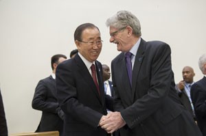 Secretary-General Ban Ki-moon (left) with Mogens Lykketoft, President of the seventieth session of the General Assembly, at the meeting where the Secretary-General briefed the Assembly on his report for the World Humanitarian Summit. Credit: UN PHOTO/Rick Bajornas