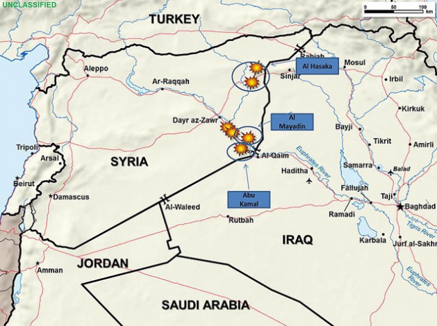 Fighter aircraft from Saudi Arabia, United Arab Emirates and the United States attacked oil refineries in eastern Syria controlled by the Islamic State of Iraq and the Levant, Sept. 24, 2014. | Credit: DoD graphic