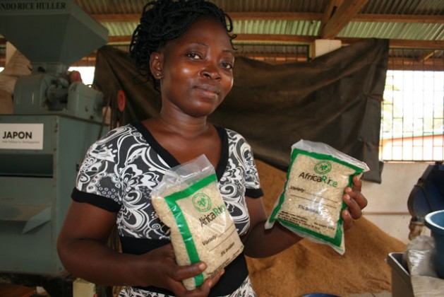 Research assistant Blance Soussous showing packed parboiled rice.  Credit: Busani Bufana/IPS