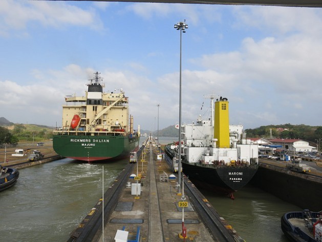 Two ships go through the Miraflores locks on the Pacific side of the Panama Canal, which raise or lower vessels 16.5 metres and take 40 minutes to pass through. Credit: Iralís Fragiel/IPS