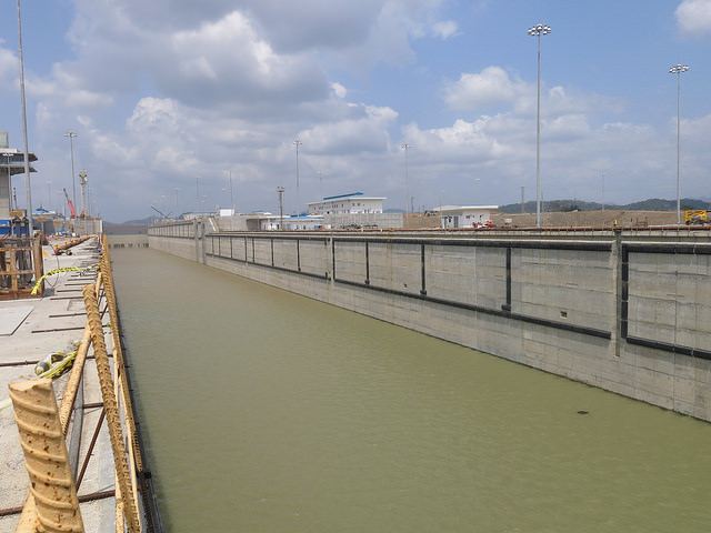 The new locks in Cocolí, on the Pacific Ocean, have 16 rolling gates. Each chamber is 427 metres long by 55 metres wide and 18.3 metres deep. The expanded Panama Canal will be able to handle New Panamax vessels with a capacity of up to 13,000 tons, up from the current 5,000 ton limit. Credit: Iralís Fragiel/IPS