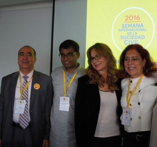 Tunisian 2015 Peace Prize-winner Ali Zeddini (left), next to Sri Lankan activist Danny Sriskandarajah, secretary general of Civicus, and two other participants in the International Civil Society Week, hosted by Bogotá from Apr. 25-28, with the participation of 900 activists from more than 100 countries. Credit: Constanza Vieira/IPS