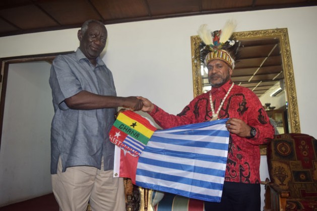 Former President of Ghana, John Kufuor, voiced his support for West Papuan political aspirations during a meeting with West Papuan indigenous leader, Benny Wenda, at Ghana's 59th Independence celebrations in March this year. Credit: Benny Wenda