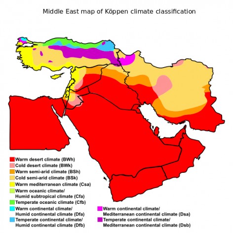 Middle East map of Köppen climate classification | 20 February 2016 | Derived from World Koppen Classification.svg.| Enhanced, modified, and vectorized by Ali Zifan.| Creative Commons Attribution-Share Alike 4.0 International license.| en.wikipedia