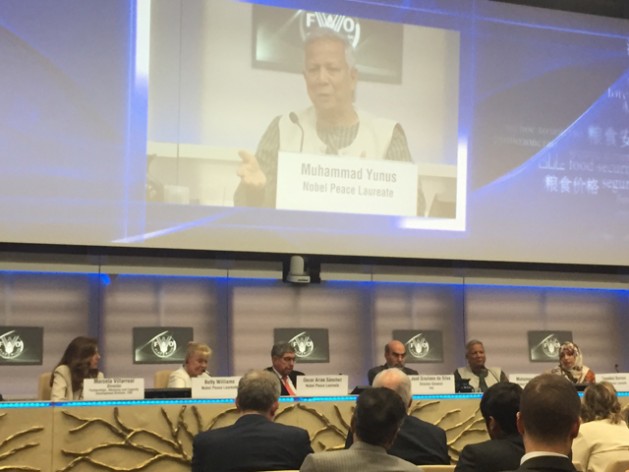 Muhammad Yunus addresses the audience at the launch of the FAO-Nobel Peace Laureates Alliance for Peace and Food Security.