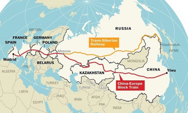 The modern Silk Road linking East-West, Yiwu/China to Madrid/Spain. Although the transit time for goods or people to transit the route is 21 days, this is 30 days faster than a ship and is 1/10 the cost of shipping freight. www.bulwarkreview.com | Source: TRANSCEND Media Service.