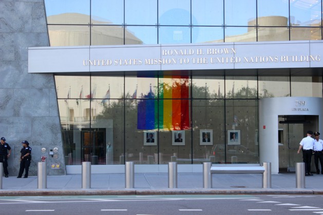 A Rainbow flag is displayed in the window of the United States Mission to the United Nations during LGBT Pride Month. Credit: Phillip Kaeding / IPS.