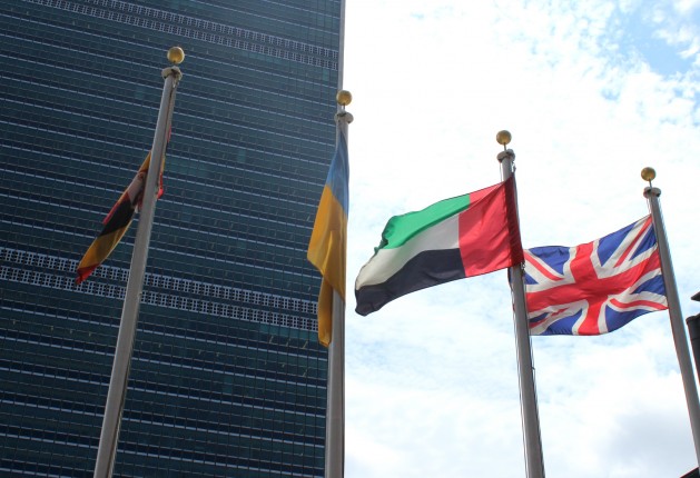 The United Kingdom flag flies alongside other member states at UN Headquarters in New York. Credit: Lyndal Rowlands / IPS.