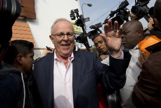 Peru's president-elect, Pedro Pablo Kuczynski, outside his home in Lima, while waiting for the vote count to be completed. Credit: Courtesy of La República