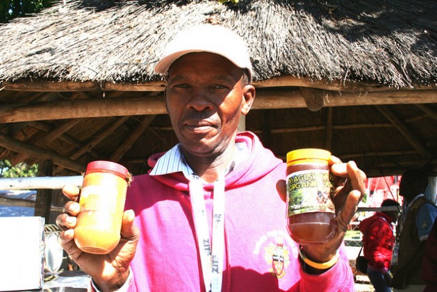 Zimbabwean farmer and beekeeper Nyovane Ndlovu with some of the honey produced under his own label. Credit: Busani Bafana/IPS