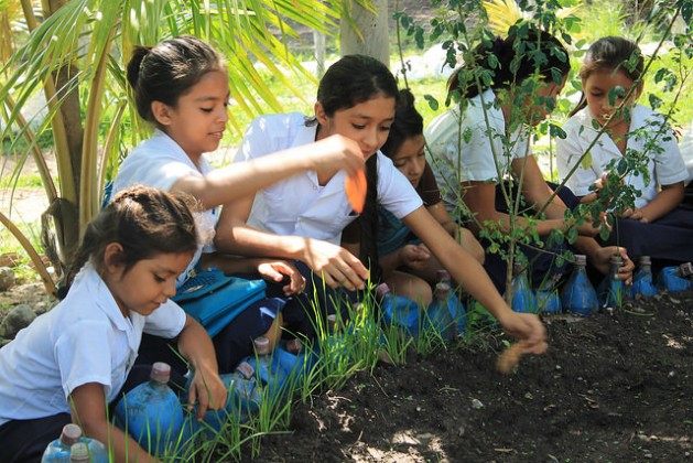 Students at the “República de Venezuela” School in the indigenous Lenca village of Coloaca in western Honduras, where they have a vegetable garden to grow produce and at the same time learn about the importance of a healthy and nutritious diet. Credit: Thelma Mejía/IPS