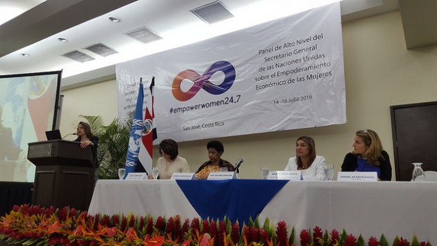 On the table, from left to right, Luiza Carvalho, Regional Director of UN Women for the Americas and the Caribbean; the Executive Director of UN Women Phumzile Mlambo-Ngcuka; the Costa Rican Minister for Women, Alejandra Mora and Simona Scarpaleggia, CEO of IKEA Switzerland and co-chair of the UN High-Level Panel on Women’s Economic Empowerment. Credit: Diego Arguedas Ortiz/IPS
