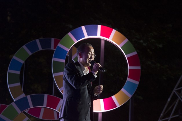 UN Secretary-General Ban Ki-moon celebrating the adoption of the Sustainable Development Goals in September 2015. Credit: UN Photo/Eskinder Debebe.
