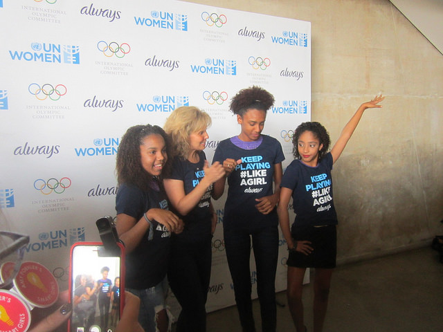 Kaillana de Oliveira Donato, Marcelly de Mendonça and Adrielle da Silva are active in the U.N. Women’s and International Olympic Committee’s “One Win Leads to Another” programme, standing next to Juliana Azevedo, a vice president in Procter & Gamble, another partner in the initiative, during the presentation of the programme in Rio de Janeiro. Credit: Mario Osava/IPS