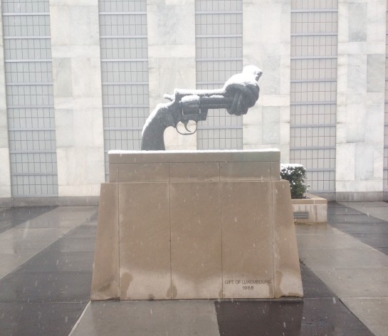 The non-violence knotted gun statue at UN headquarters in NYC. Credit: IPS UN Bureau.