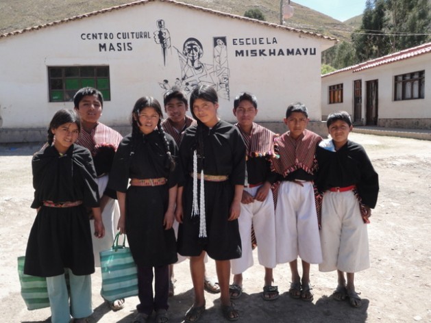 Indigenous schoolchildren standing in front of the Miskhamayu school in an isolated part of Bolivia’s Andes highlands. Many students walk 12 km or more every day, along steep roads and trails from their remote villages, to get to school. Credit: Marisabel Bellido/IPS