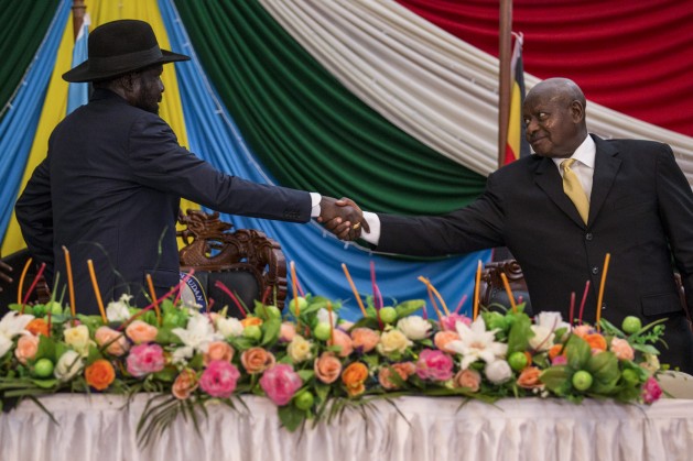 South Sudanese President Salva Kiir with Ugandan President Yoweri Museveni in 2015. Credit: UN Photo/Isaac Billy.