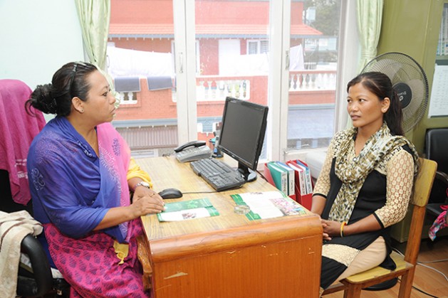 Dawa Dolma Tamang (right) visits the Pourakhi office regularly to learn about upcoming training opportunities. Credit: Pradeep Shakya/UN Women