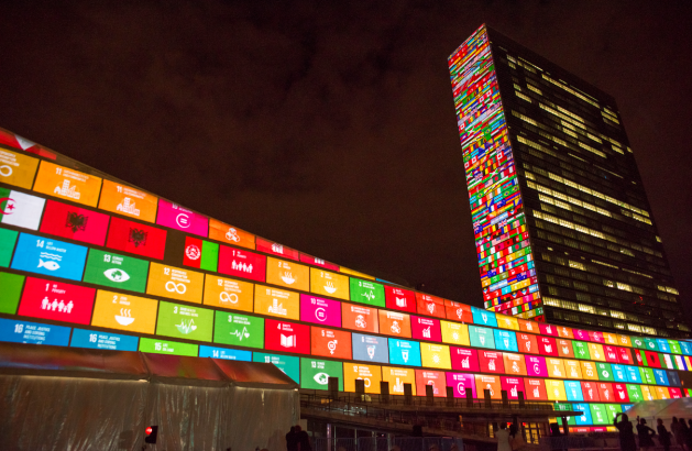 The Sustainable Development Goals projected onto UN Headquarters. Credit: UN Photo/Cia Pak