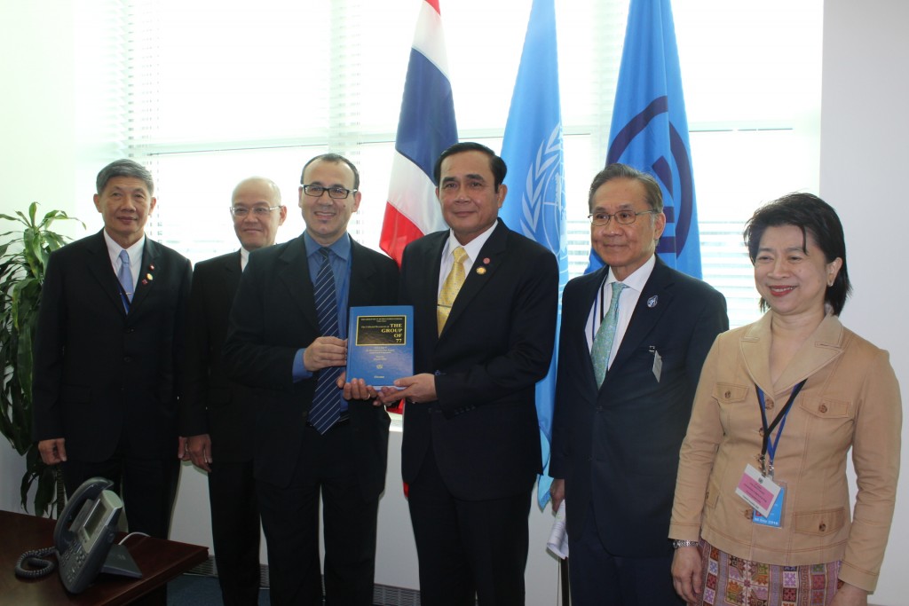 Left to right: Wilas  Aroonsri , Secretary-General to the Prime Minister ; Ambassador Virachai Plasai, Permanent Representative of the Kingdom of Thailand to the UN; Mourad Ahmia, Executive Secretary of the Group of 77;  Prime Minister Chan-o-cha; Don Pramudwinai, Minister for Foreign Affairs of the Kingdom of Thailand; and Pornprapai Ganjanarintr, Director-General of the Department of International Organisations in the Ministry of Foreign Affairs of the Kingdom of Thailand.  Credit: Tharanga Yakupitiyage / IPS.