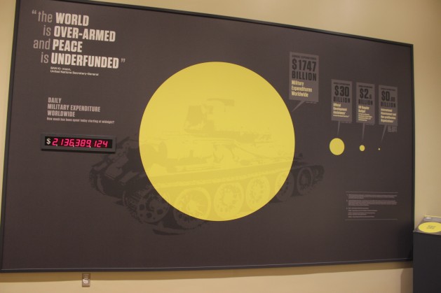 A graphic at UN headquarters in New York compares daily spending on arms versus peace. Credit: IPS UN Bureau.
