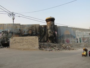 An eight-meter-high &quot;security wall&quot; borders part of the Aida refugee camp, 1.5 km north of the city of Bethlehem. Credit: Fabiola Ortiz/IPS