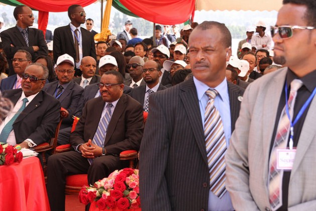 Ethiopian Prime Minister Hailemariam Desalegn (seated, center), surrounded by his security detail, at the ceremony marking the opening of the Addis Ababa-Djibouti railway in early October. Credit: James Jeffrey/IPS