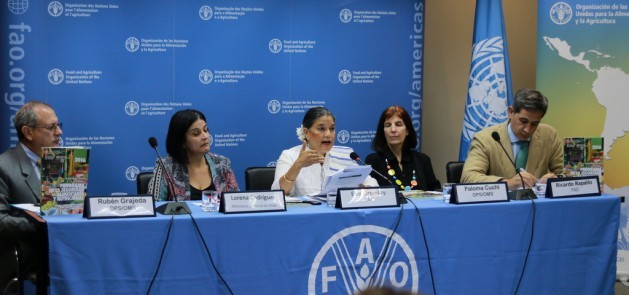 FAO acting regional representative Eve Crowley (C) during the launch of the Panorama of Food and Nutrition Security in Latin America and the Caribbean 2016, at FAO headquarters in Santiago. The report , where it was warned that overweight affects 360 million people in the region. Credit: FAO