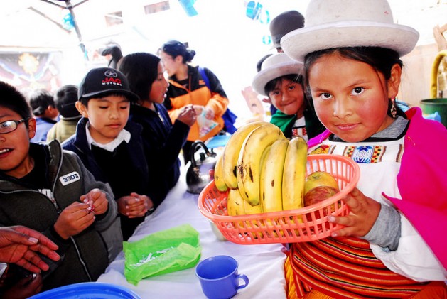 A girl wearing traditional dress from Bolivia’s highlands region shows a basket with fruit during a school exhibit in La Paz to promote good eating habits among students.. Programmes to promote healthy eating are spreading through schools in Latin America, to address problems such as malnutrition and overweight. Credit: Franz Chávez/IPS