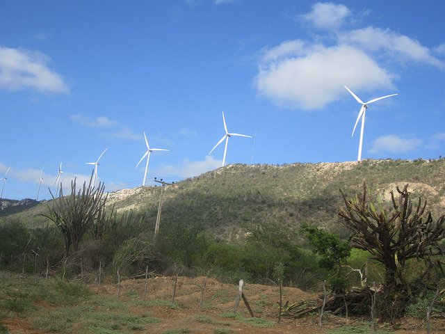 One of eight wind farms built near Sento Sé due to the strong winds on the plateaus surrounding the town in Northeast Brazil, whose population was paradoxically displaced in the 1970s to build the biggest hydropower plant in the region.  Credit: Mario Osava/IPS