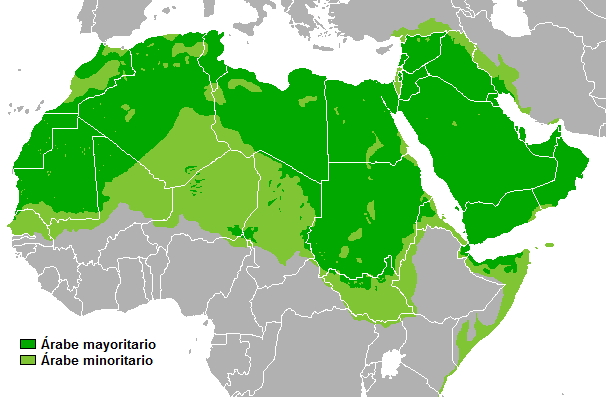 Arab countries in the Middle East and North of Africa. Dark Green: Arab majority population. Light Green: Arab minority countries | Credit: Public Domain.