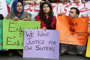 Protesters gather outside the Lahore Press Club in the capital of Pakistan's Punjab province on July 12, 2016 to demand justice for victims of sexual violence. Credit: Irfan Ahmed/IPS