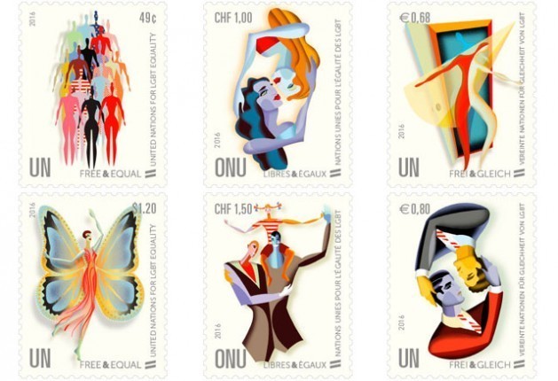 Stamps commemorating the UN Free and Equal Rights Campaign in defense of LGBTI rights, launched in 2016, which caused unrest in 54 African countries and Russia. Credit: UN Postal Administration